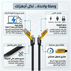 •        كابل شاحن USB متعدد 15 سم، شحن سريع 65 واط 3 في 1  (Lightning, Type-C & Micro USB)